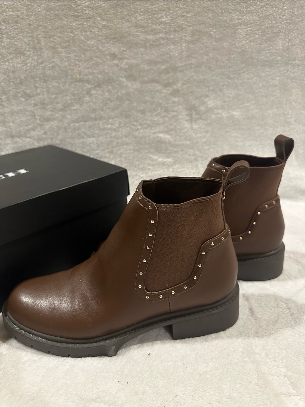 Coach Brown Leather & Fabric Heeled Ankle Boots with Gold Accents - Picture 3 of 7